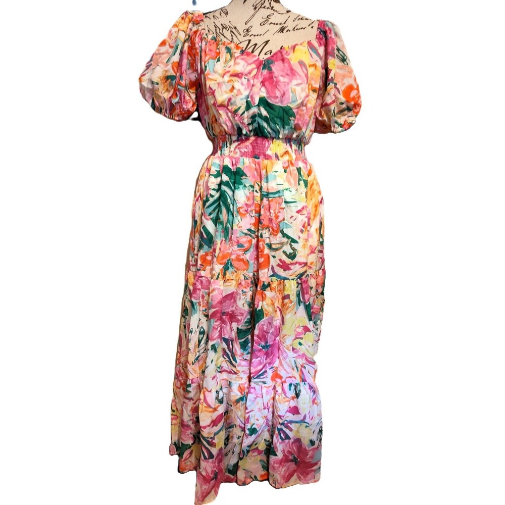 Flying Tomato Vibrant Watercolor-inspired Floral Puff Sleeve Tier Skirt Dress S